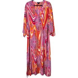 Natori Satin V-Neck Caftan Long Gown Loungewear Pink Orange Abstract Sz Medium